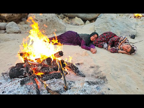 Crossing difficult paths to catch fish by a nomadic woman