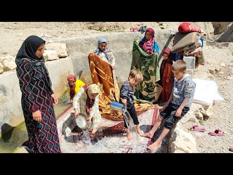 Washing carpets for Nowruz in the village