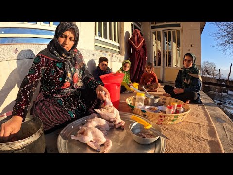 Cooking local stuffed chicken and children skiing on the