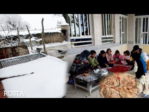 Village breakfast baking bread and oil in the snow