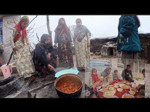 Iranian food cooking lunch on a rainy day by village women