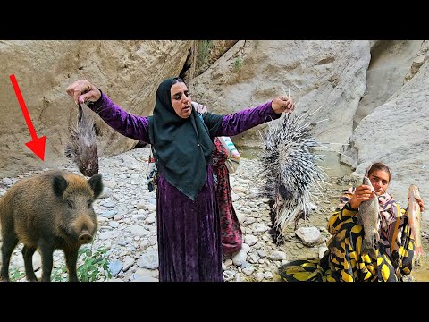 Brave Nomad Woman Fishing in Wild River To Buy for Her Son