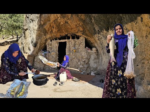 A powerful nomadic woman fishing and cooking in the