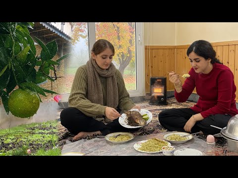 Rainy Village Day Cooking Fish with Fresh Herbs in the