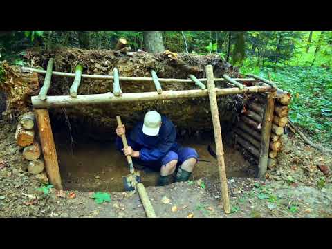 Heavy Rain Camping Under a Fallen Tree Bushcraft Shelter