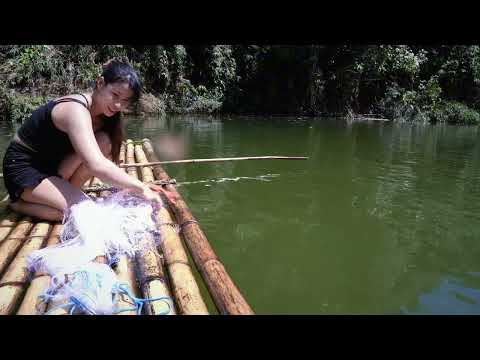 Bamboo Raft Fishing Handmade Nets Traditional Fishing on