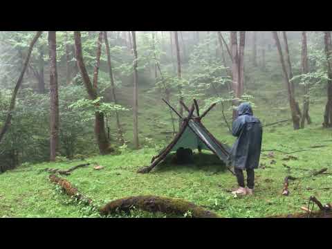 Heavy Rain Camping Under a Tarp Alone Cozy Wood Stove