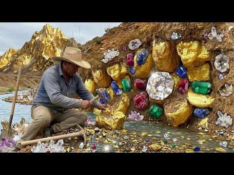 Oh wow digging the gold nuggets under stone at mountain