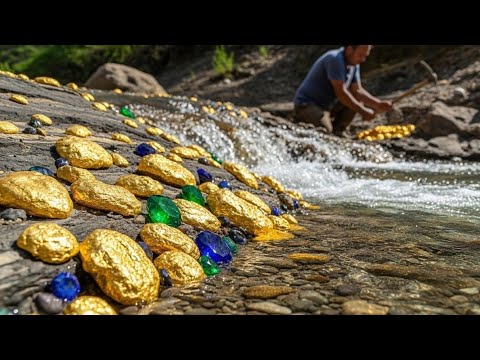 amazing A man digging the gold nuggets under Stone at