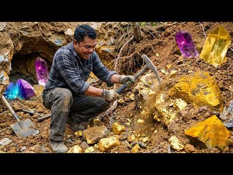 Epic gold mining digging the gold nuggets under stone of