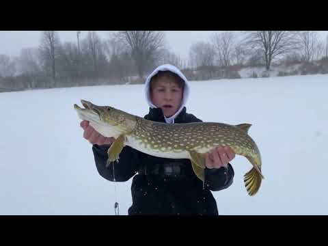 Farm Pond Ice Fishing for Pike with Tip Ups