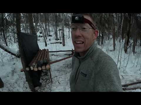 Winter Camping in Raised Bushcraft Shelter Level 100