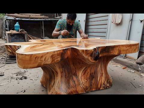 Man Transforms Massive Tree Log into Amazing Table by