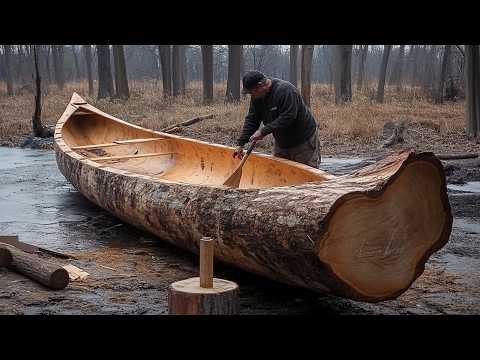 Men Turns Massive Log into Amazing CANOE Start to Finish