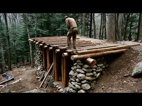 Man Builds Off Grid Cabin STONES And LOGS In The Forest