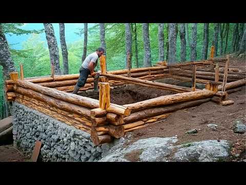 Two Men Build House with LOGS and STONES in the Forest