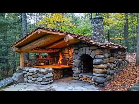 Man Builds House with STONES and LOGS in the Forest by