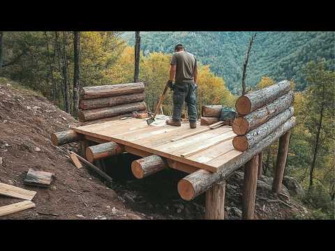 Man Builds Tiny LOG HOUSE on a Steep Mountain Start to