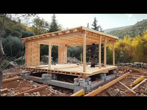 Man Alone Builds Wooden HOUSE with Rooftop Terrace Start to