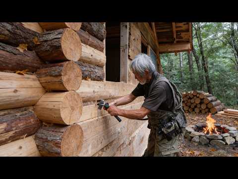 Old Man Builds DIY Log Cabin With Fire Pit In The Forest