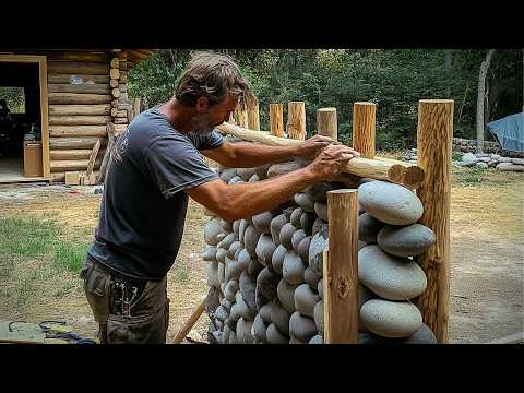 Man Builds CABIN with STONES and LOGS in the Forest by