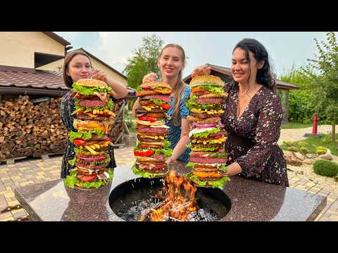 A meter long Cheeseburger made of Steak Cutlets Cheese and