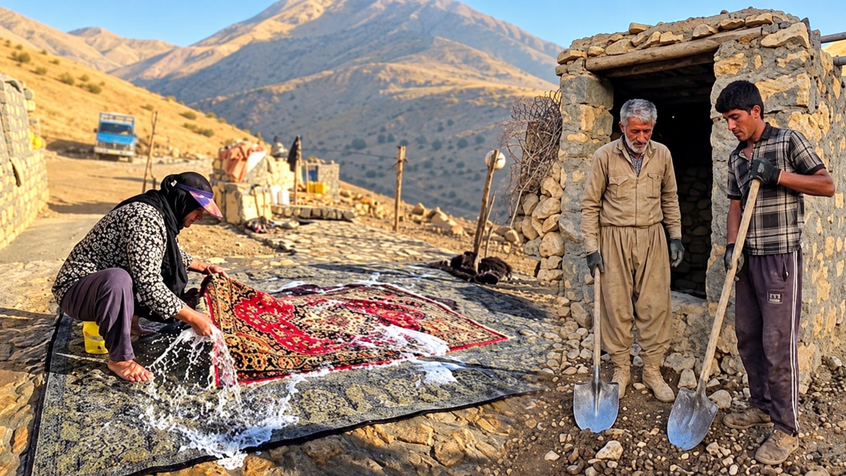 Nomadic construction mission Jahangir and Ali digging a