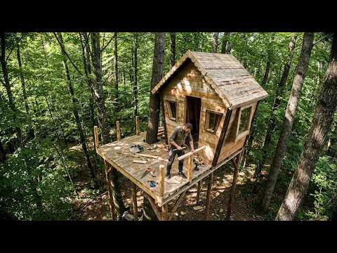 Raised Wooden House in the Forest Built Alone from Start to