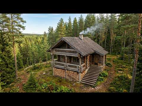 A Man Builds a Wooden Cabin Alone Using Naturally Fallen