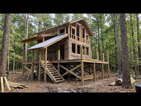 Building a Simple Two Story Wooden House Alone in the Forest